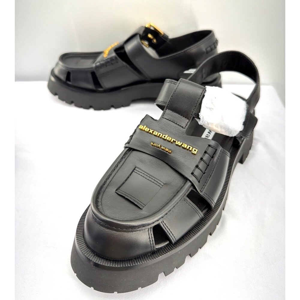 Alexander Wang Carter Cage Sandals Logo Black Leather Chunky Heel Women Size 38 - Picture 6 of 14